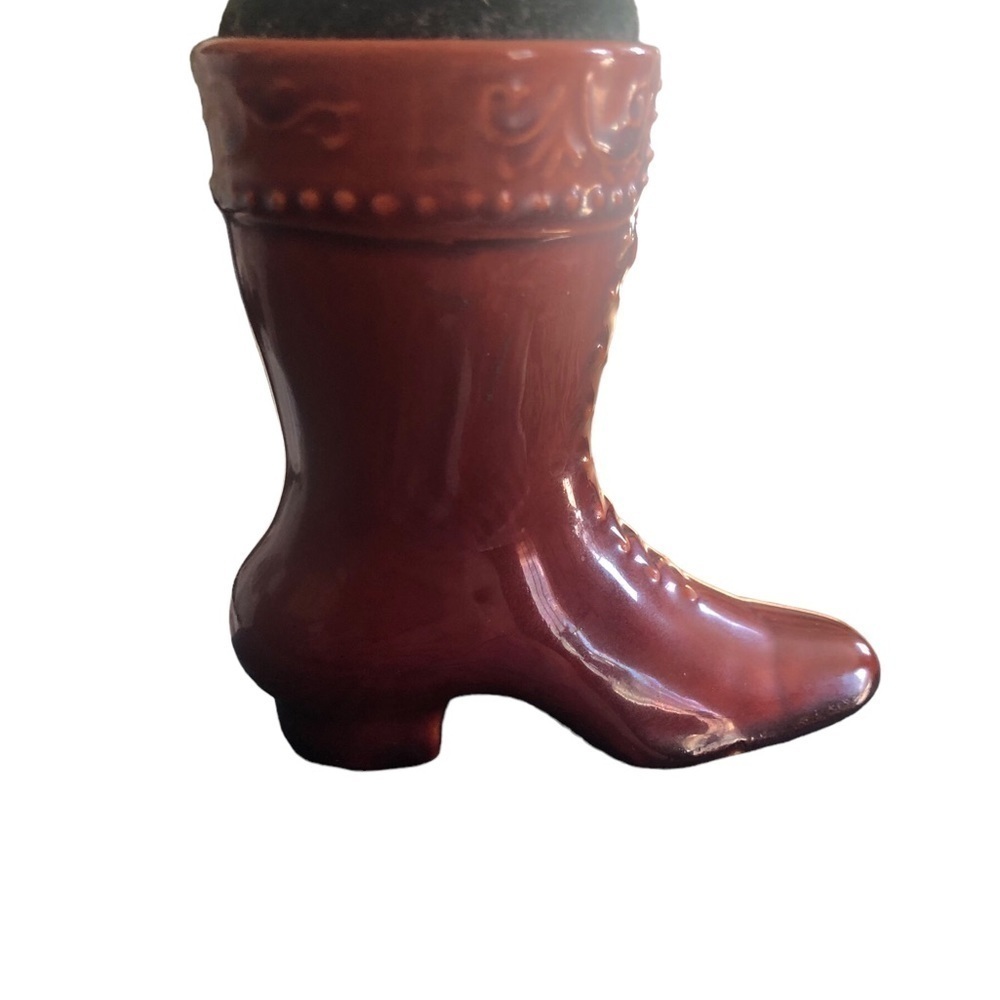 VTG Italian Made Ceramic Boot Pin Cushion Markings on Bottom Rust Top Cushion